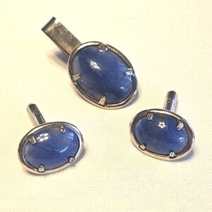 Vintage Oval-shaped, Silver-plated Blue Kyanite Cufflinks, and Matching Tie Clip